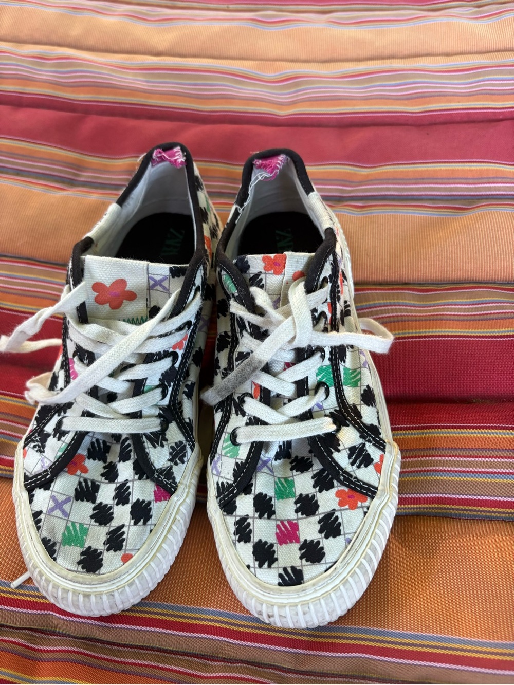 Zara Black-and-White Checkerboard Sneaker with Multicolor Marker Details